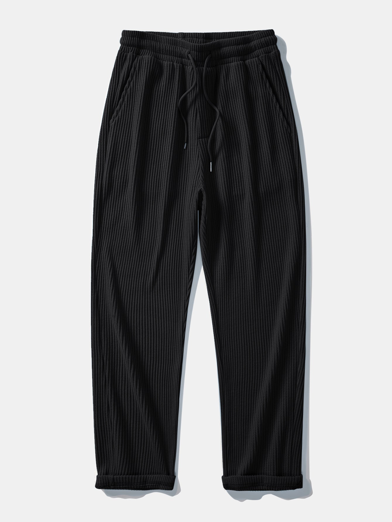 Contrast Textured Johnny Collar Knit Polo & Drawstring Knitted Waffle Pants