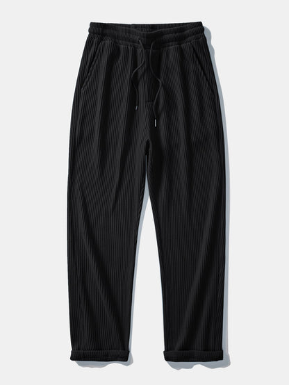 Contrast Textured Johnny Collar Knit Polo & Drawstring Knitted Waffle Pants