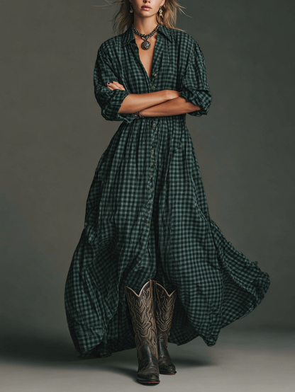 Plaid Long Sleeve Shirt Maxi Dress