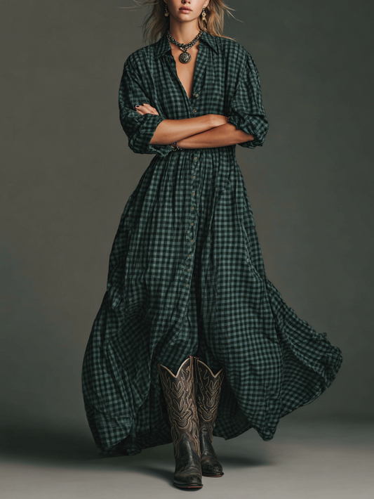 Plaid Long Sleeve Shirt Maxi Dress