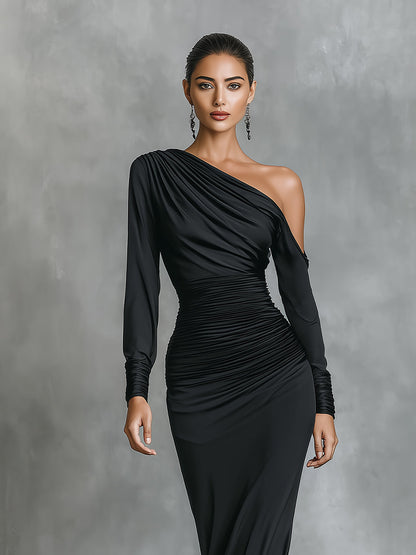 Black Satin One-Shoulder Ruched Mermaid Maxi Dress