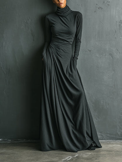 Charcoal Stretch Turtleneck Draped Maxi Dress
