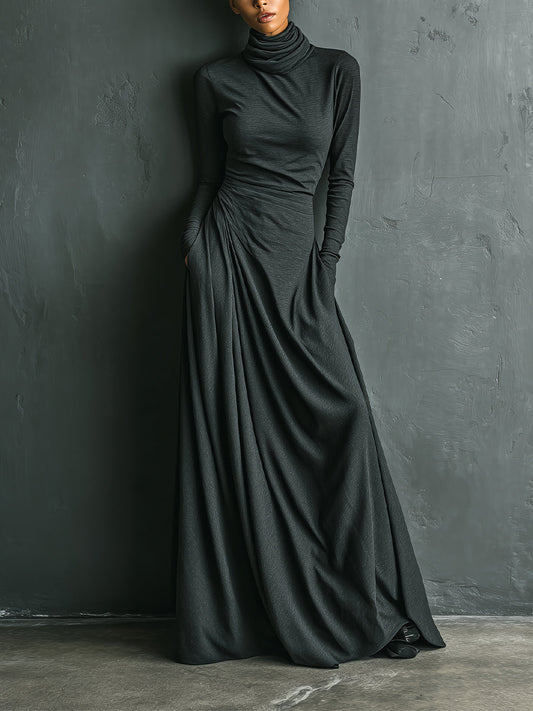 Charcoal Stretch Turtleneck Draped Maxi Dress
