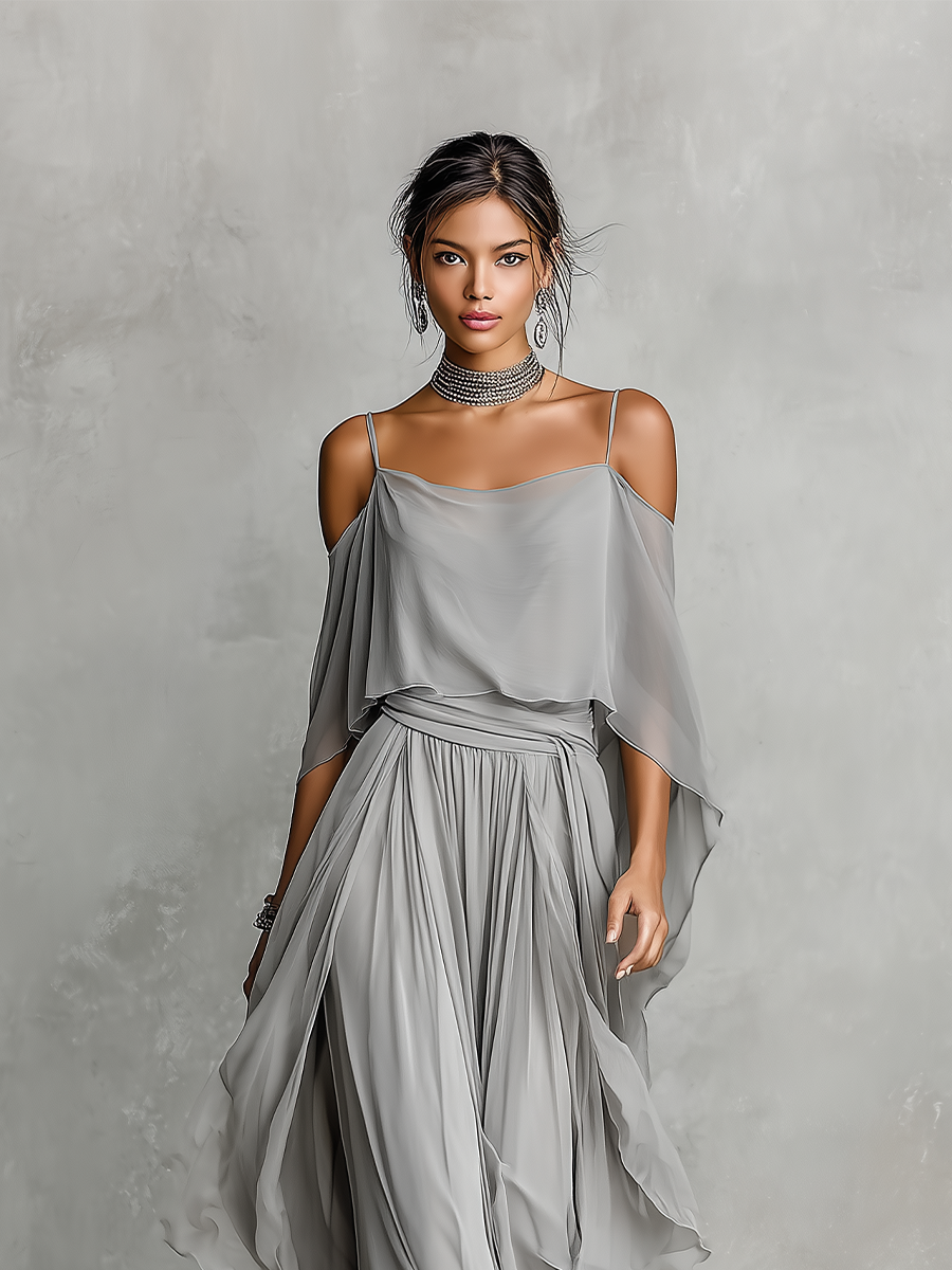Grey Chiffon Cold-Shoulder Flared Co-ord Set