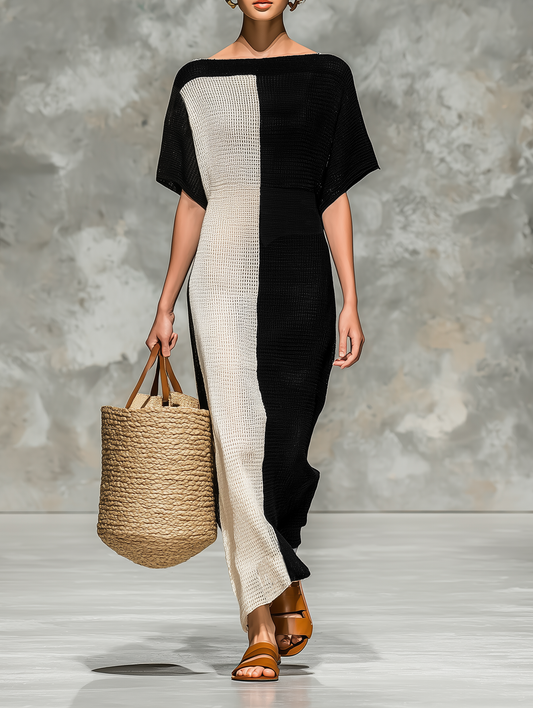 Knitted Boat Neck Short Sleeve Maxi Dress