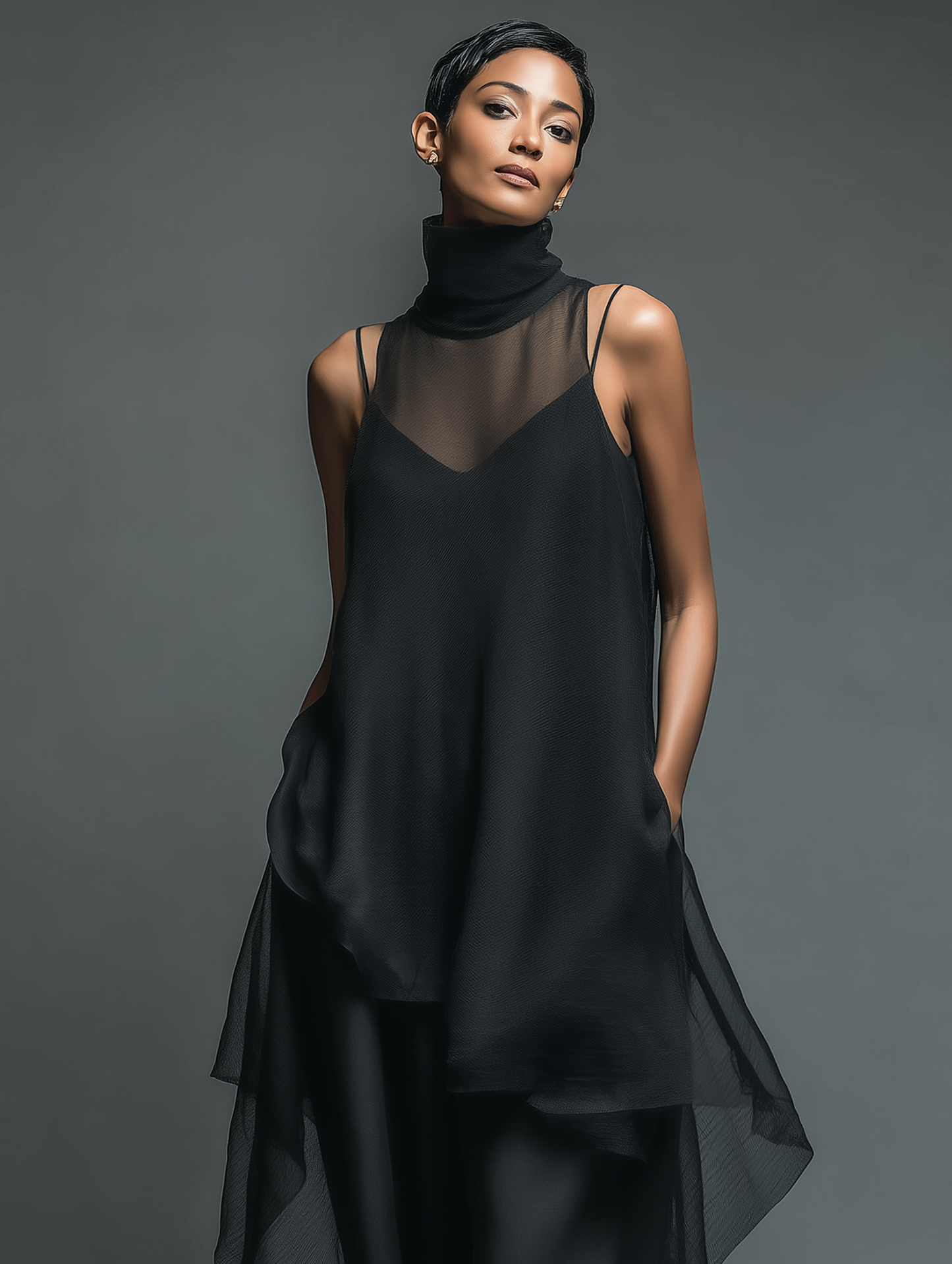 Acetate Slip Dress With Chiffon Overlay Maxi Dress