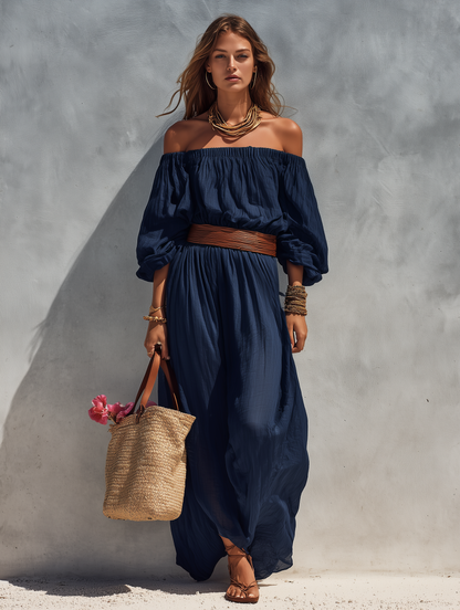 Dark Blue Cotton-Linen Strapless Long Sleeve Dress