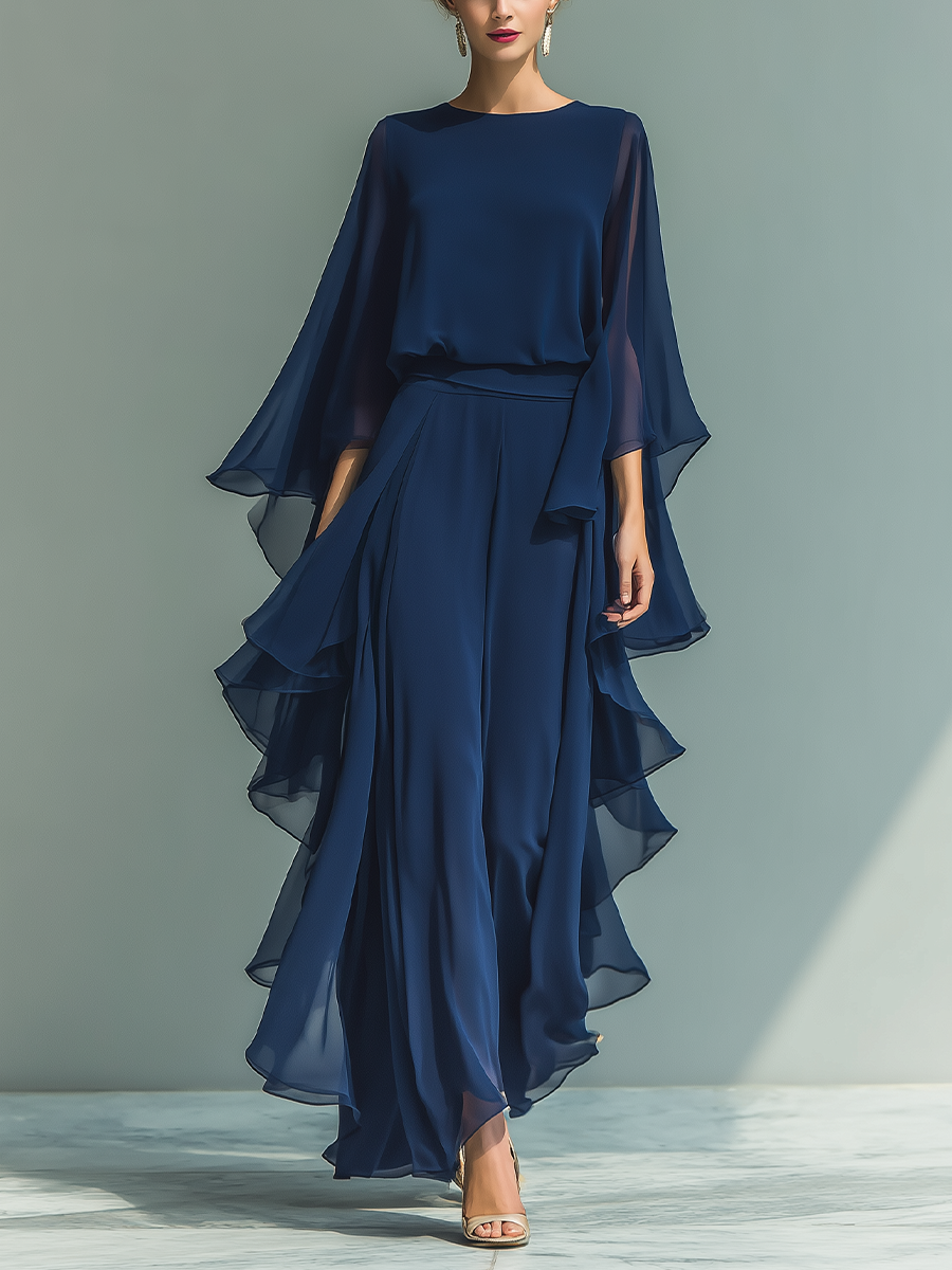 Navy Chiffon Flared Sleeve Top & Straight-Leg Trousers Set