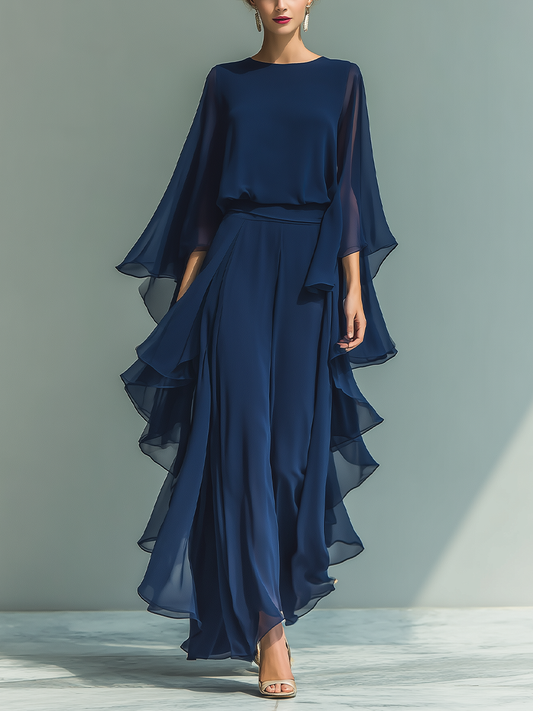 Navy Chiffon Flared Sleeve Top & Straight-Leg Trousers Set