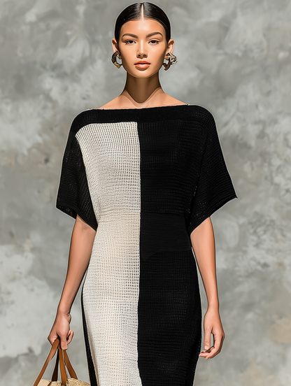 Knitted Boat Neck Short Sleeve Maxi Dress