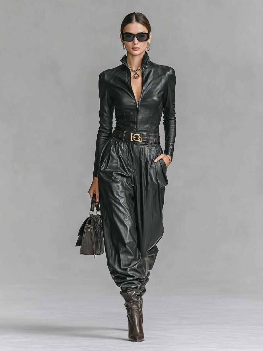 PU Leather Slim Fit Zipper Stand Collar Shirt & Pants Set