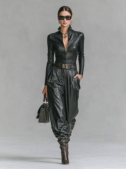 PU Leather Slim Fit Zipper Stand Collar Shirt & Pants Set