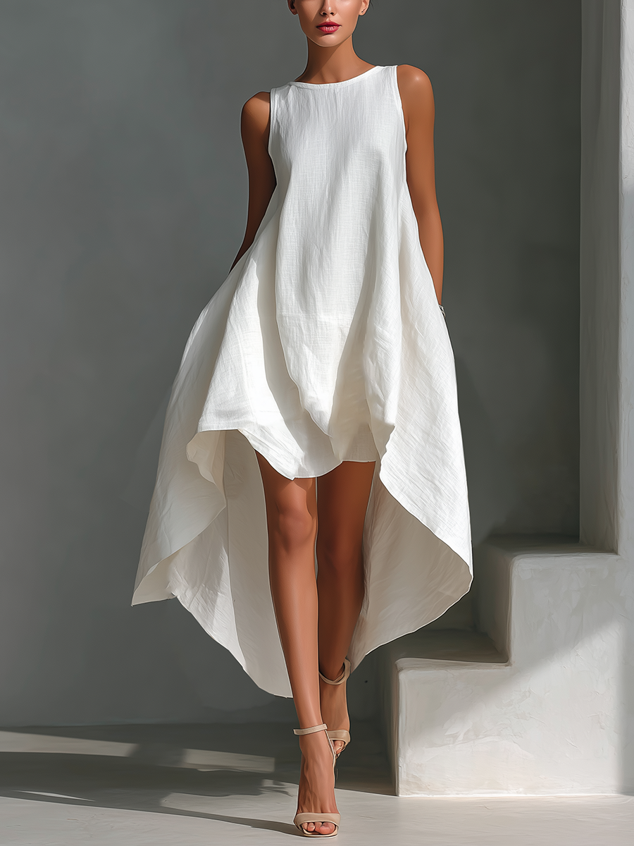 Linen Sleeveless Asymmetric Hem Midi Dress
