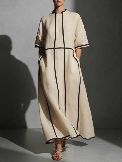 Beige Linen Blend Stand-Collar Contrast-Line Pocketed Maxi Dress