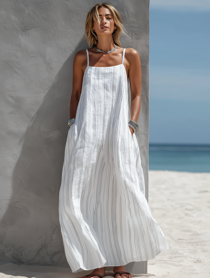 Striped Woven Sleeveless Loose Maxi Dress