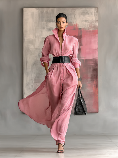 Lapel Long Sleeve Single-Breasted Belted Maxi Shirt Dress