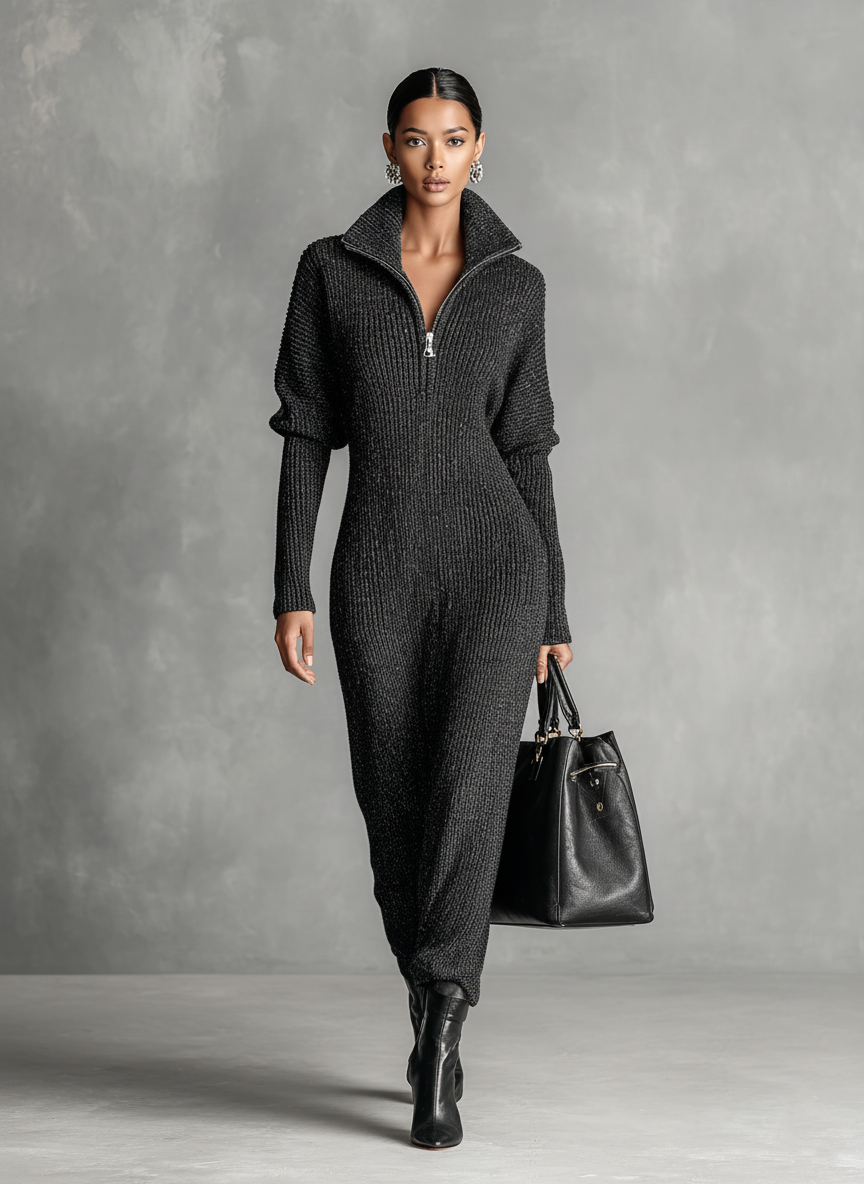 Solid Colour Zipper Neck Knitted Maxi Dress
