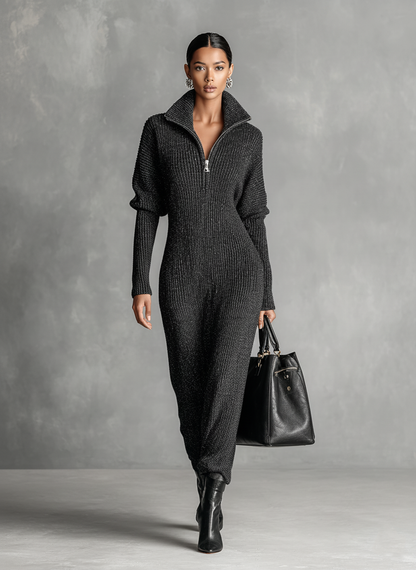 Solid Colour Zipper Neck Knitted Maxi Dress