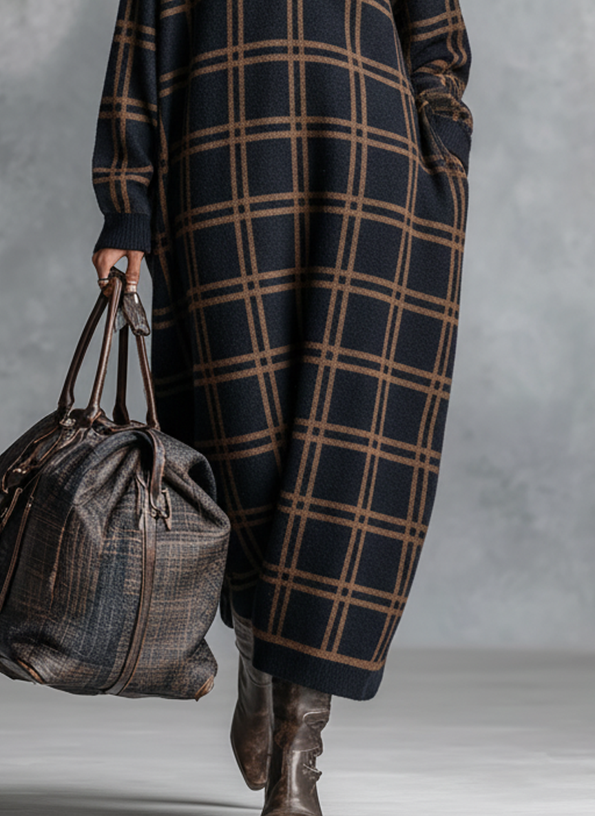 Loose Plaid Zipper Neck Knitted Maxi Dress