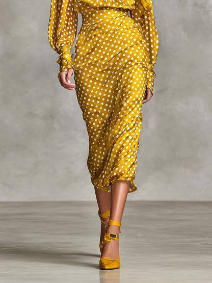 Vintage Satin Polka Dot Print Shirt & Skirt Set