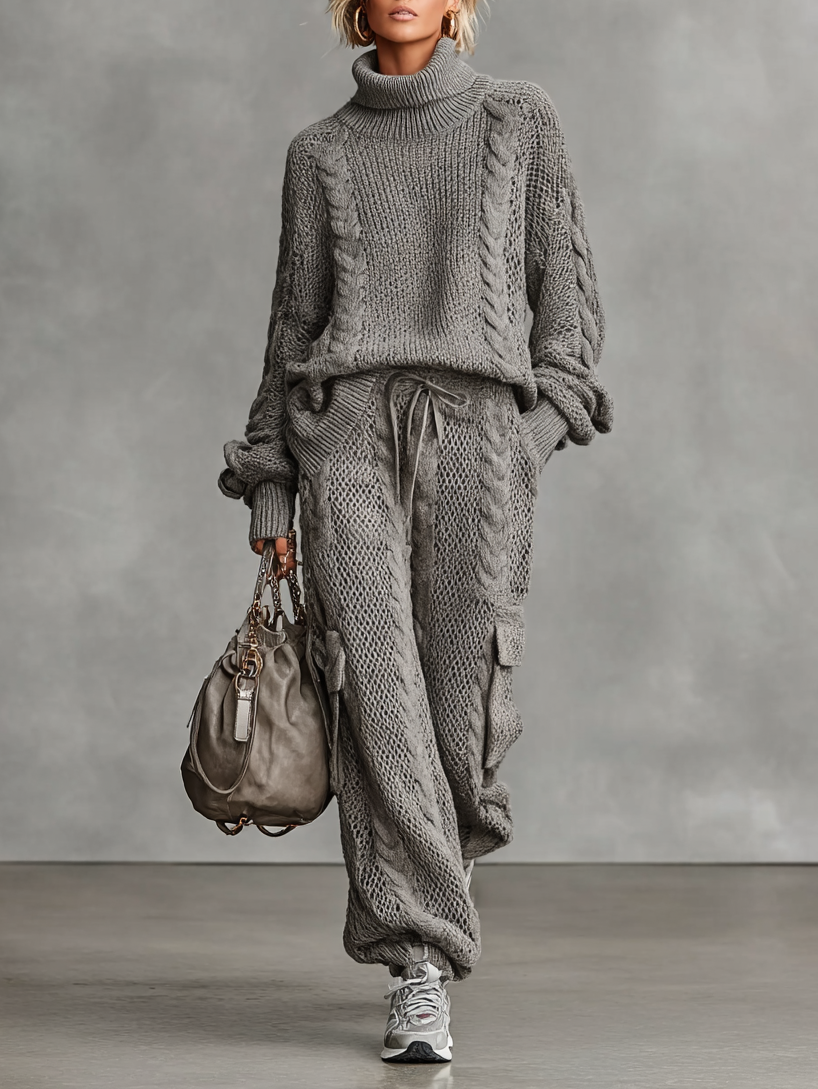 Cable Knit Turtleneck Sweater & Cargo Pants Set