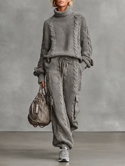 Cable Knit Turtleneck Sweater & Cargo Pants Set