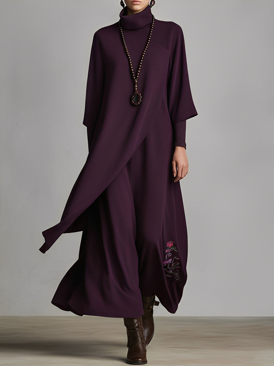 Draped Jersey Turtleneck Embroidered Maxi Dress