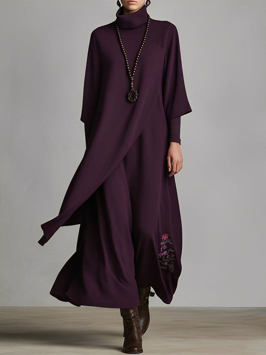 Draped Jersey Turtleneck Embroidered Maxi Dress