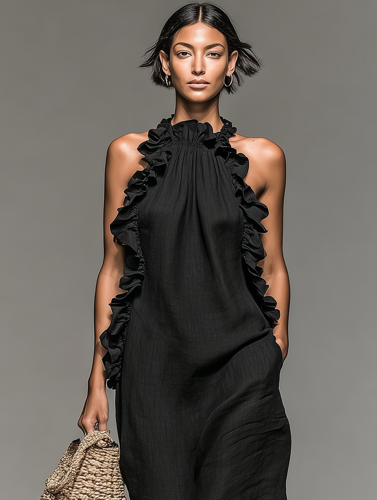 Linen Blend Sleeveless Ruffle Maxi Dress