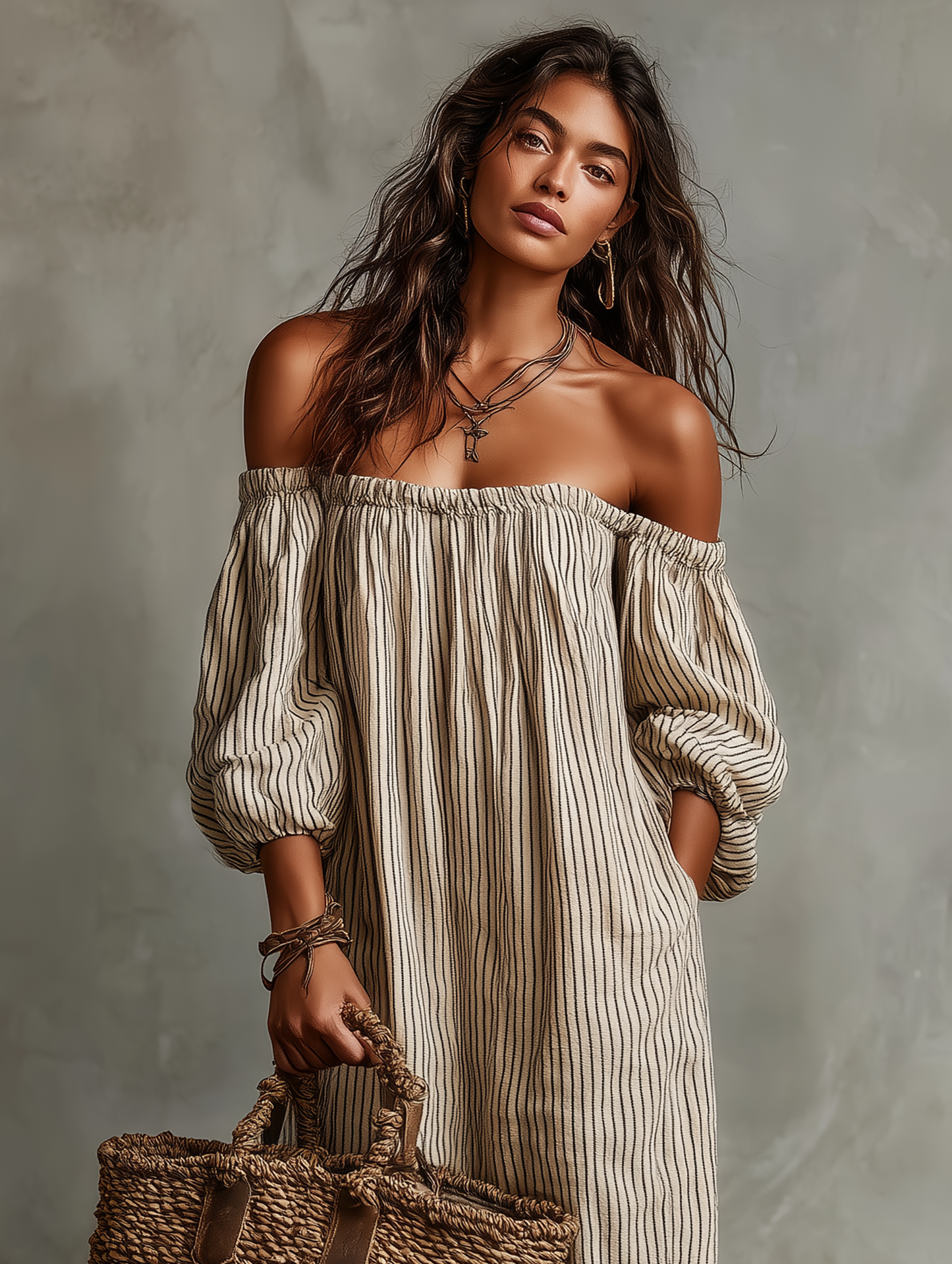 Cotton-Linen Off-Shoulder Long Sleeve Maxi Dress