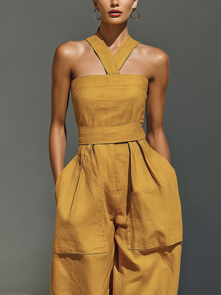 Linen Crisscross Neck Relaxed Jumpsuit