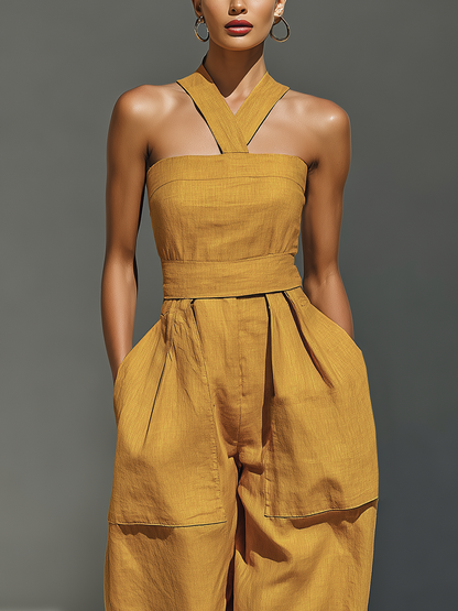 Linen Crisscross Neck Relaxed Jumpsuit