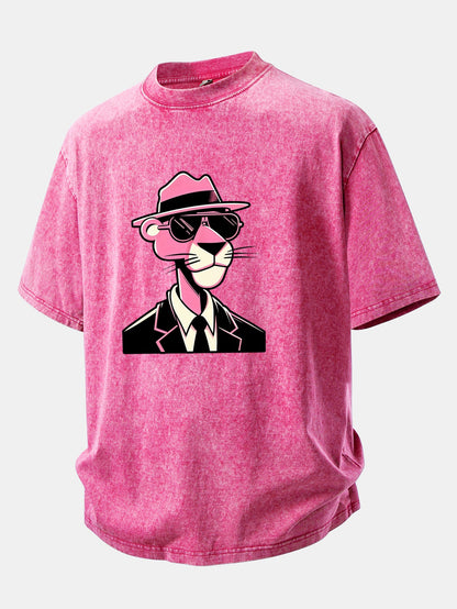 Pink Gentleman Panther Print Washed Distressed Drop Shoulder T-Shirt
