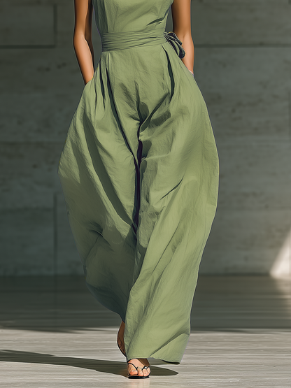 Light Green Cotton-Linen One-Shoulder Tie Waist Wide-Leg Jumpsuit