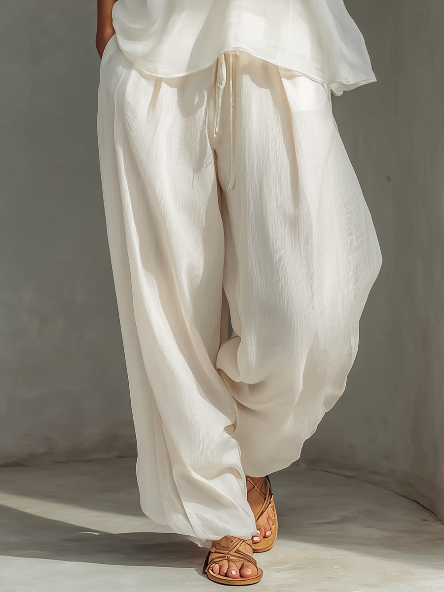 Cream Chiffon Sleeveless Top & Linen Drawstring Wide-Leg Trousers Set