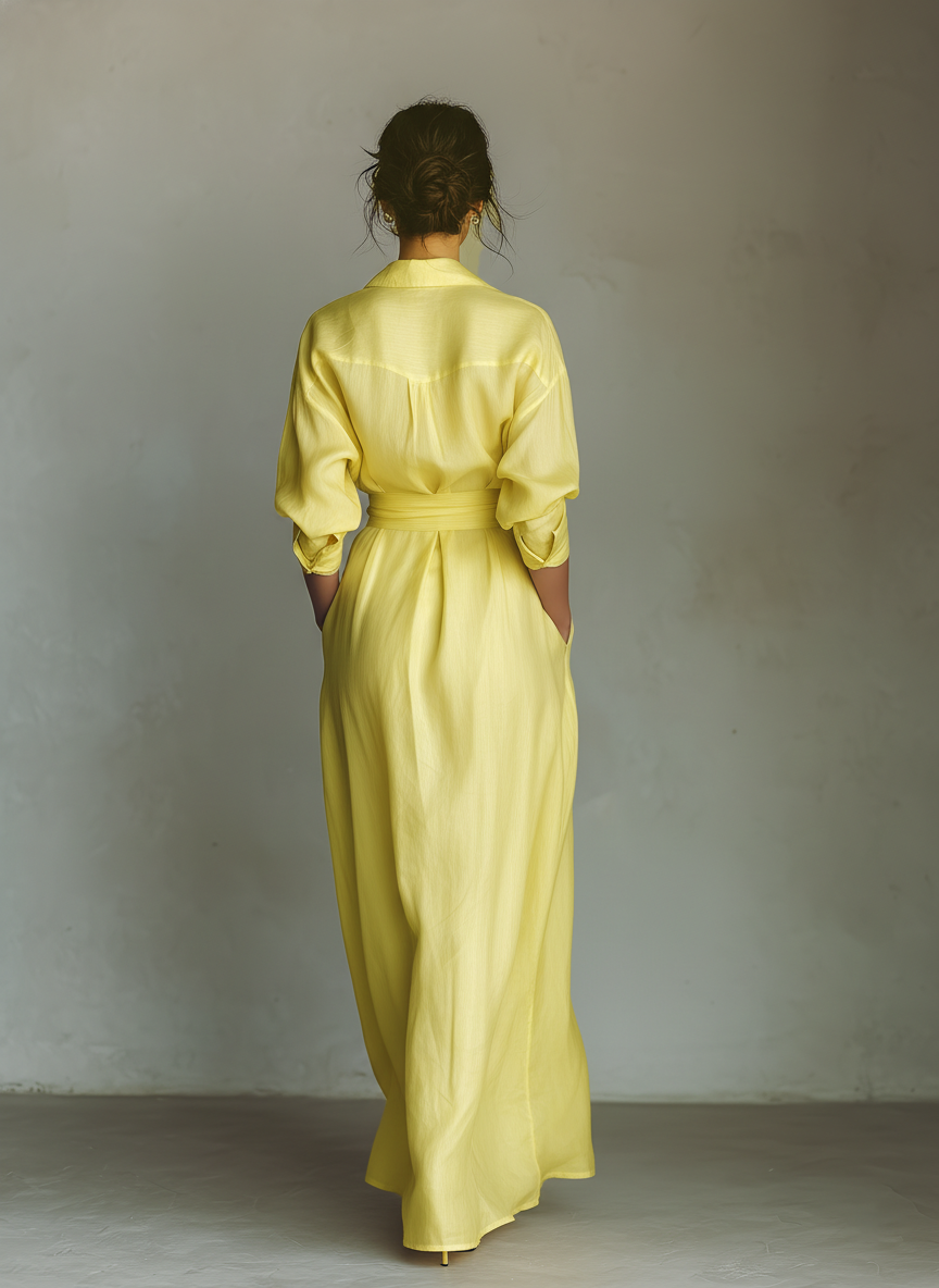 Lemon Yellow Cotton-Linen Tie Waist Maxi Shirt Dress