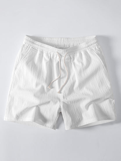 Textured Striped Button Up Shirt & Crinkle Textured Drawstring 5" Shorts