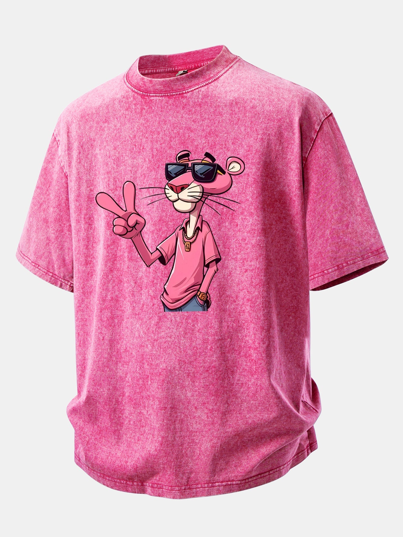Pink Panther With V Sign Print Washed Distressed Drop Shoulder T-Shirt
