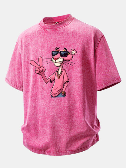 Pink Panther With V Sign Print Washed Distressed Drop Shoulder T-Shirt