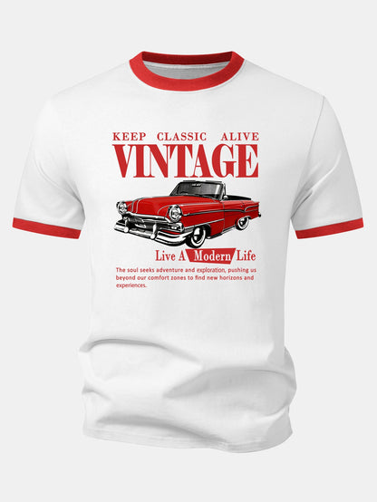 Vintage Car Print Contrast Ringer T-Shirt & Cotton Drawstring 7" Shorts