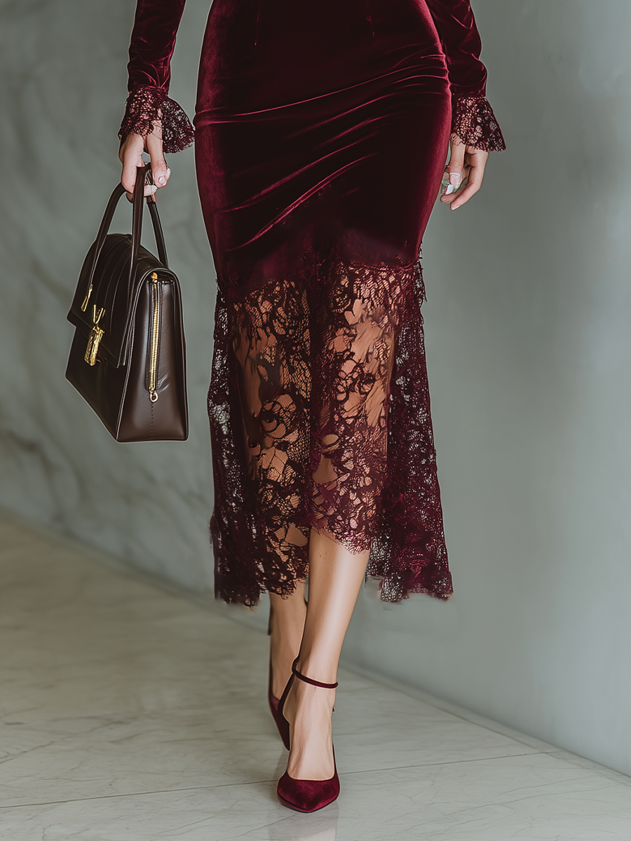 Burgundy Velvet Lace Fitted Maxi Dress