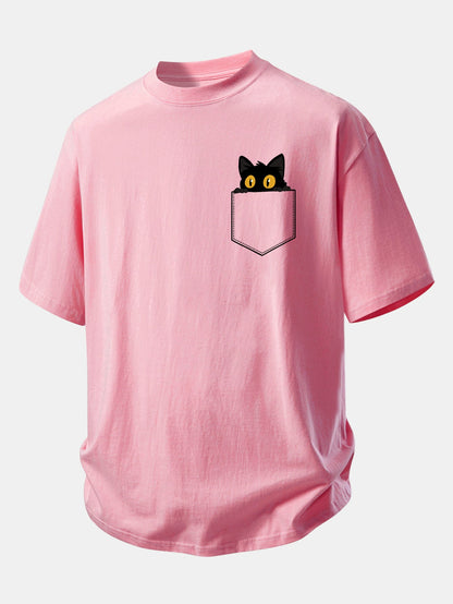 Relax Fit Pink Panther With V Sign Print Cotton T-Shirt