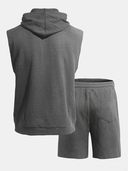 Stripe Textured Sleeveless Hooded T-Shirt & Drawstring Shorts Set