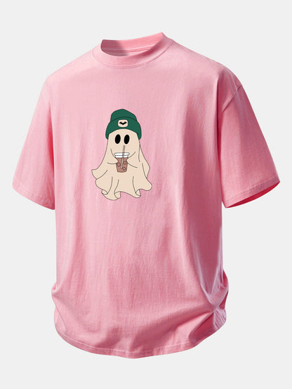 Relax Fit Darkgreen Hat Ghost Print Cotton T-Shirt