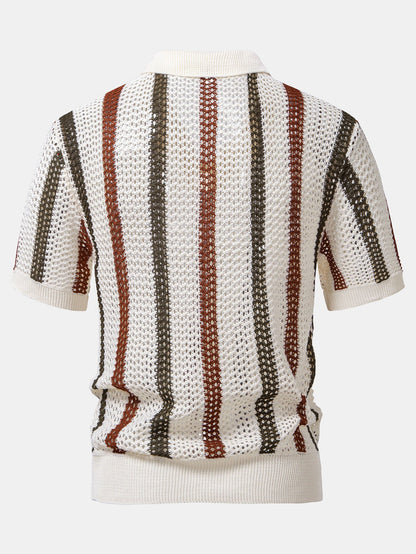Striped Crochet V Neck Polo & Crinkle Textured Drawstring 5" Shorts