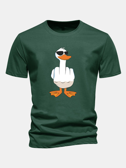 Regular Fit Funny Middle Finger Duck Print Cotton T-Shirt