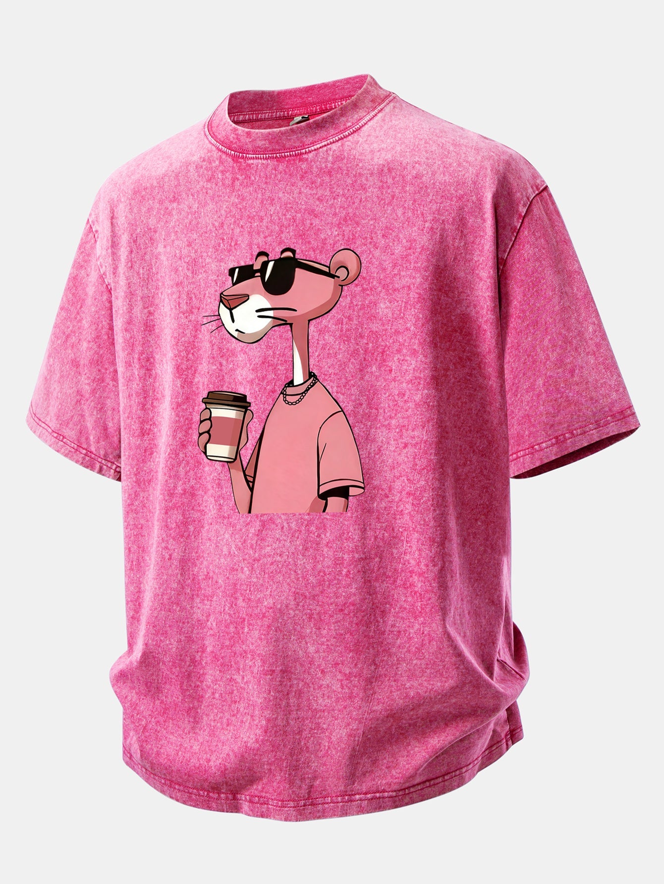 Pink Panther Drinking Coffee Print Washed Distressed Drop Shoulder T-Shirt