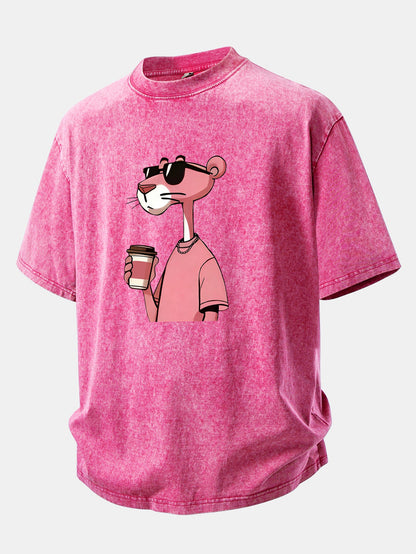 Pink Panther Drinking Coffee Print Washed Distressed Drop Shoulder T-Shirt