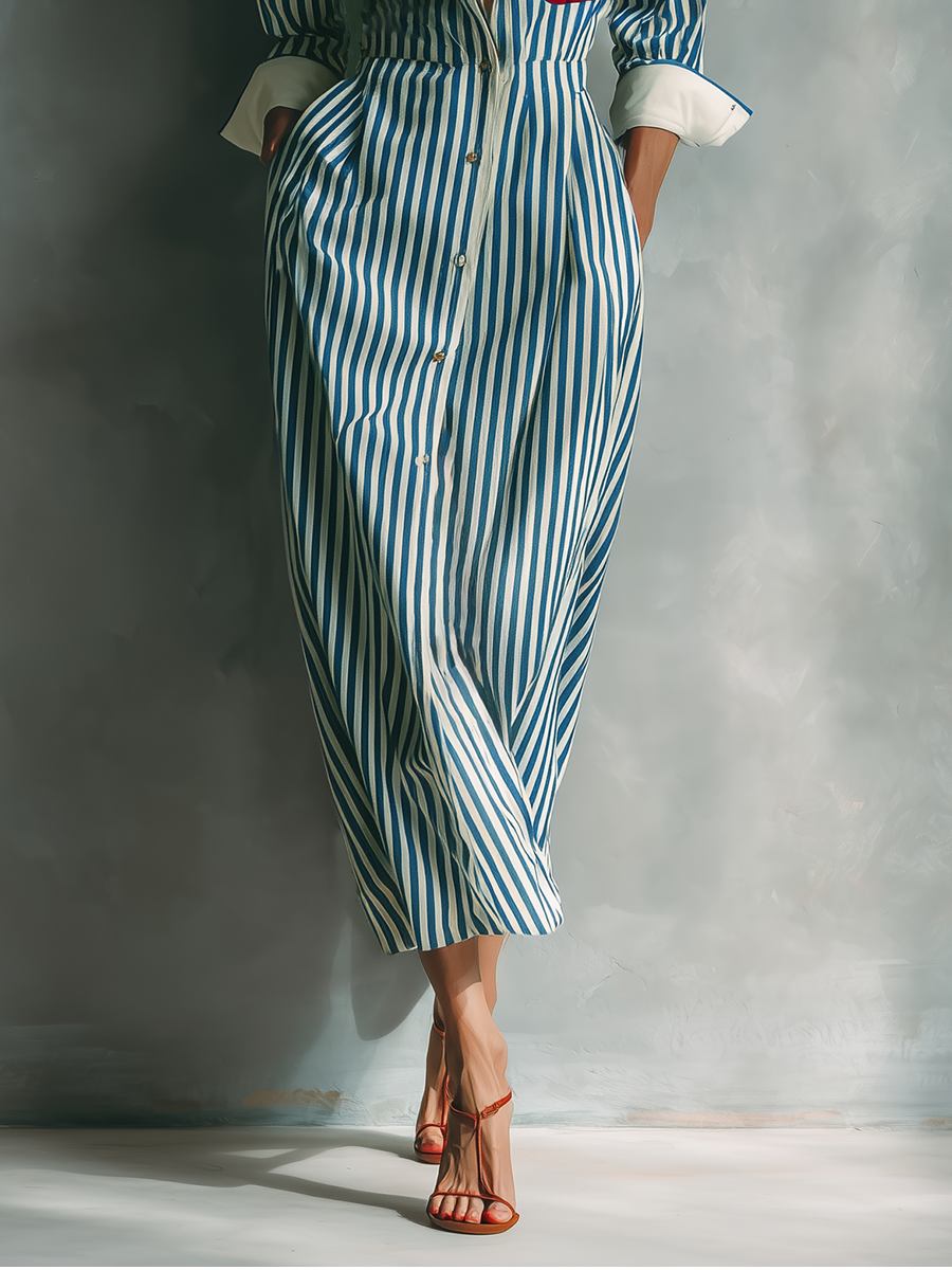 women's Blue And White Cotton Blend Striped Shirt Dress