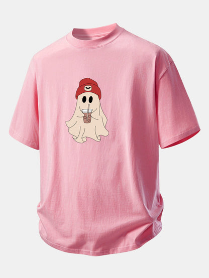 Relax Fit Red Hat Ghost Print Cotton T-Shirt